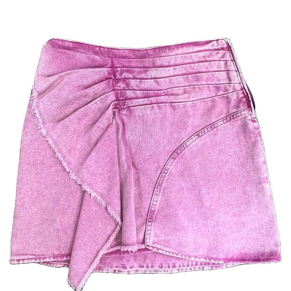 IRO Edvidge Denim Mini Skirt Snow Pink size 2 Acid-wash Pleats Ruffle side zip